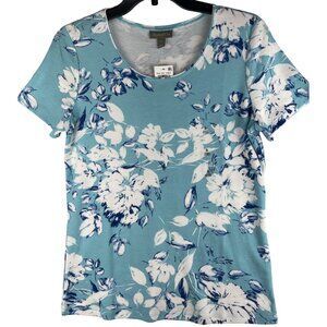 Style & Co Womens Size Small Essential Tee Alice Aqua Floral Short Sleeve
